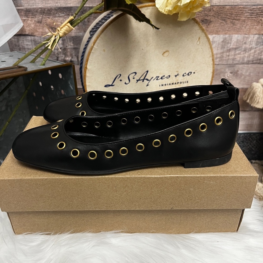 Coach Black Leather Grommet Detail Ballet Flats - Picture 2 of 5